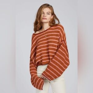 Free People Sweater Womens XS Rust Pink Striped Slouchy Relaxed Open Knit Boho